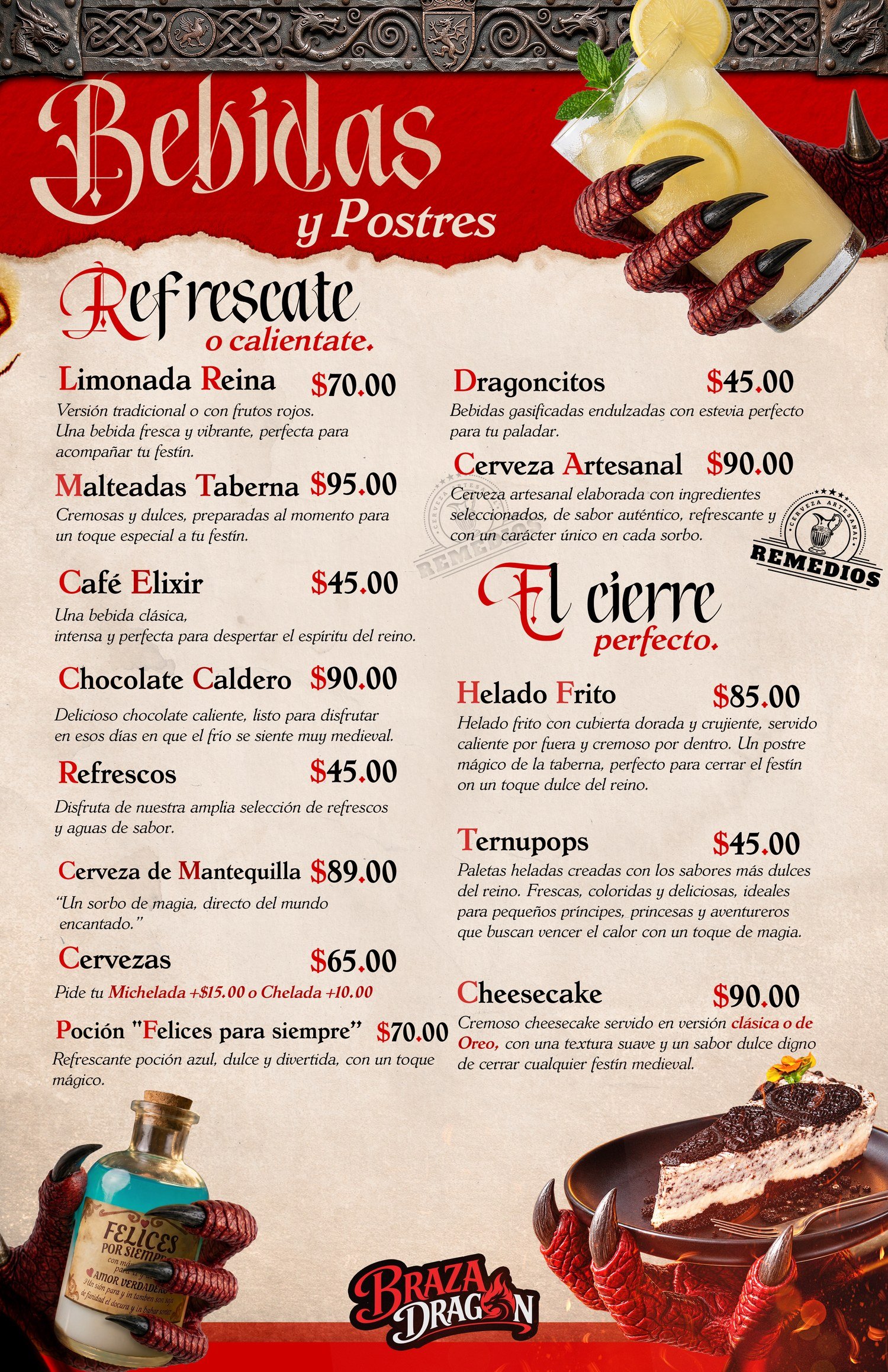 Menú de bebidas y postres Braza Dragón